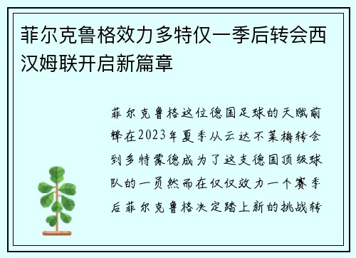 菲尔克鲁格效力多特仅一季后转会西汉姆联开启新篇章