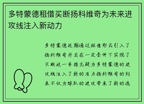多特蒙德租借买断扬科维奇为未来进攻线注入新动力