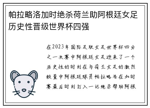 帕拉略洛加时绝杀荷兰助阿根廷女足历史性晋级世界杯四强