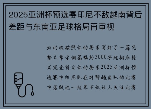 2025亚洲杯预选赛印尼不敌越南背后差距与东南亚足球格局再审视